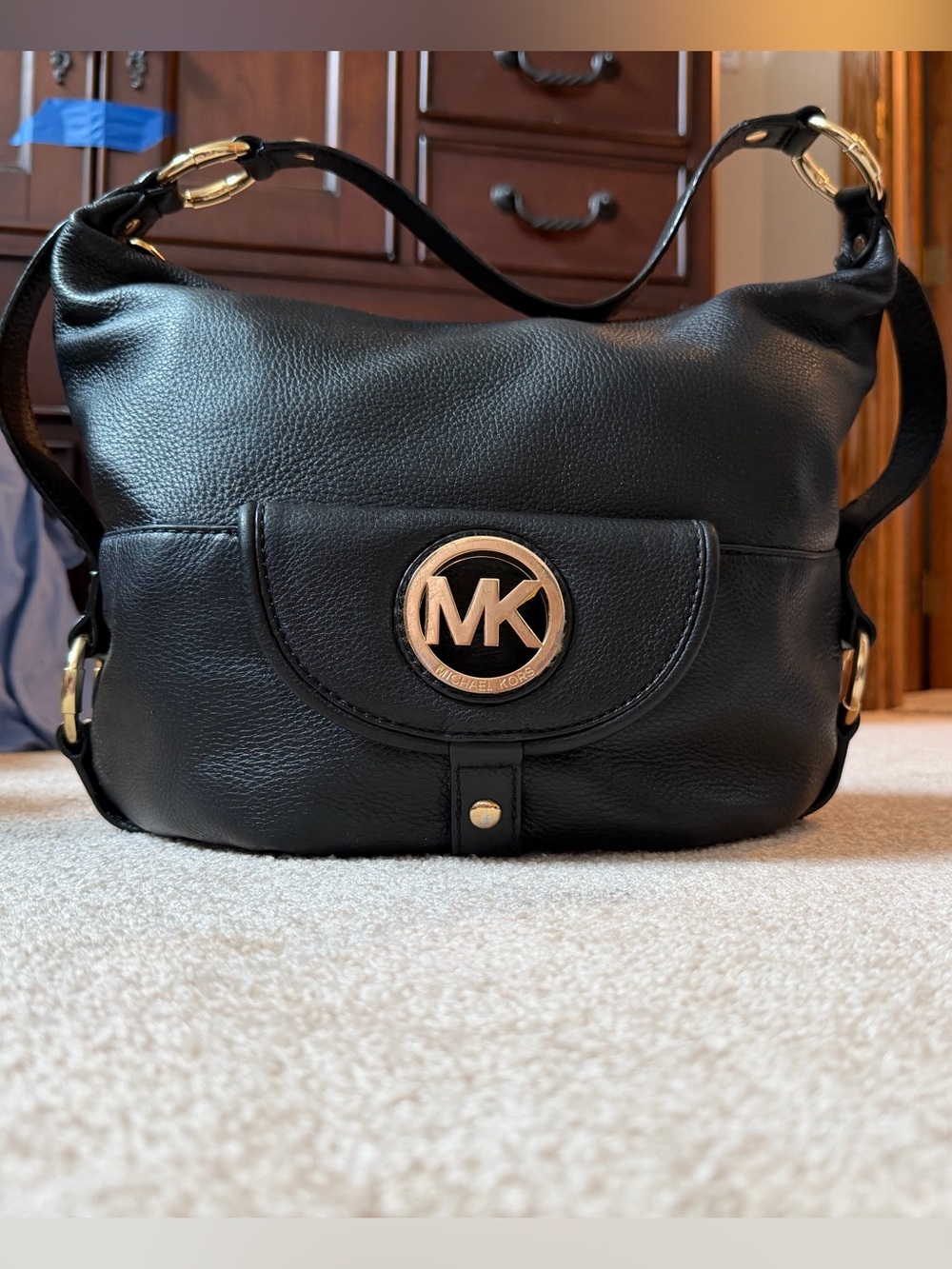 Michael Kors Black Leather Shoulder Hobo with Gold MK Emblem